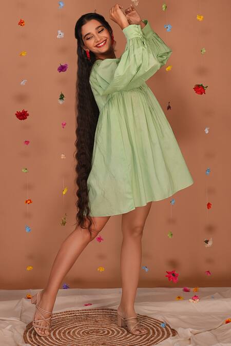 Tangerine By Asfa Green Chanderi Embroidery Open Neck Hand Short Dress Online at Aza Fashions Tangerine By Asfa_Green Chanderi Embroidery Open Neck Hand Short Dress_Online_at_Aza_Fashions