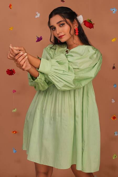 Shop Tangerine By Asfa Green Chanderi Embroidery Open Neck Hand Short Dress Online at Aza Fashions Shop_Tangerine By Asfa_Green Chanderi Embroidery Open Neck Hand Short Dress_Online_at_Aza_Fashions