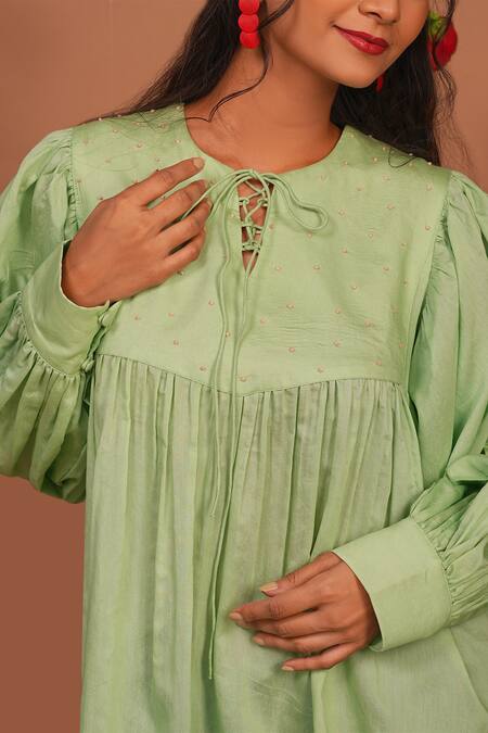 Tangerine By Asfa Green Chanderi Embroidery Open Neck Hand Short Dress at Aza Fashions Tangerine By Asfa_Green Chanderi Embroidery Open Neck Hand Short Dress_at_Aza_Fashions