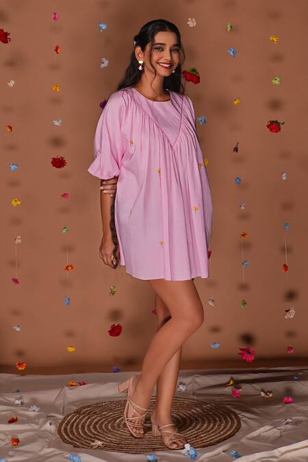 Tangerine By Asfa_Pink Chanderi Embroidery Round Neck Flower Hand Dress_Online_at_Aza_Fashions