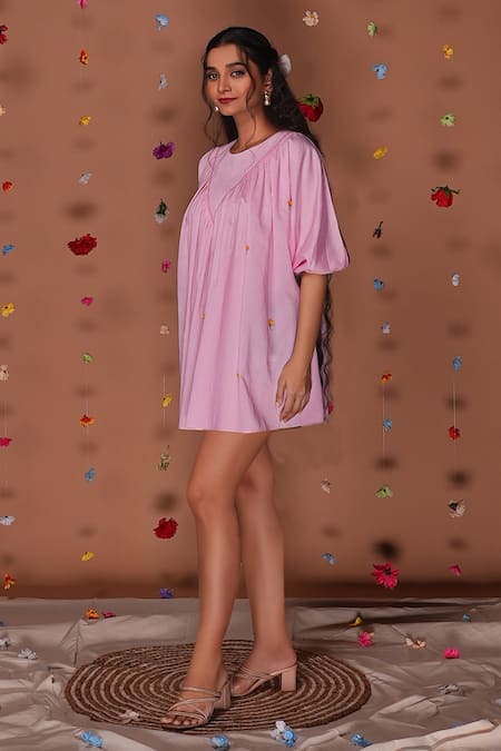 Buy_Tangerine By Asfa_Pink Chanderi Embroidery Round Neck Flower Hand Dress_Online_at_Aza_Fashions