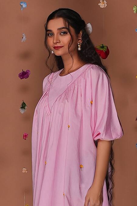 Shop_Tangerine By Asfa_Pink Chanderi Embroidery Round Neck Flower Hand Dress_Online_at_Aza_Fashions