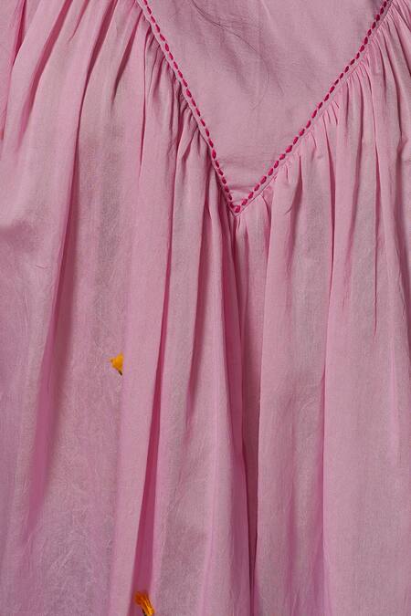 Tangerine By Asfa_Pink Chanderi Embroidery Round Neck Flower Hand Dress_at_Aza_Fashions