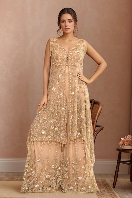 Kalighata Gold Floral Embroidered Tunic & Sharara Set 