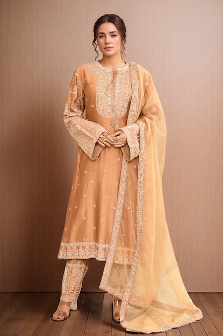 Kalighata Gold Chanderi Sequins, Cut Work, Embroidery Round Neck Hand Kurta Set 