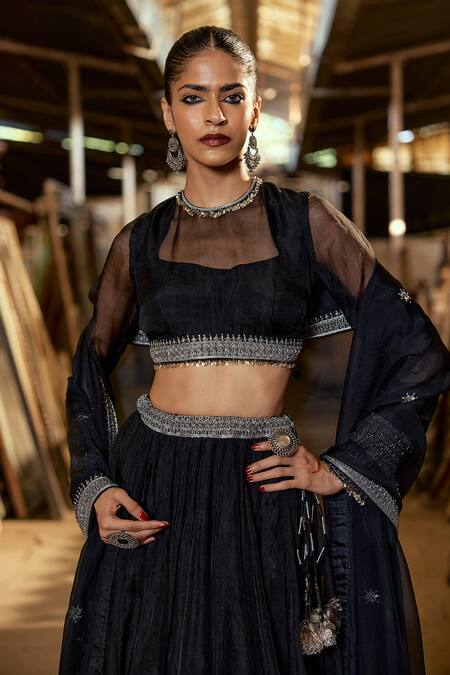 Buy_Karishma Khanduja Bareilly_Black Organza Sequins, Zari, Tassels Round Placement Embroidered Lehenga Set _Online_at_Aza_Fashions