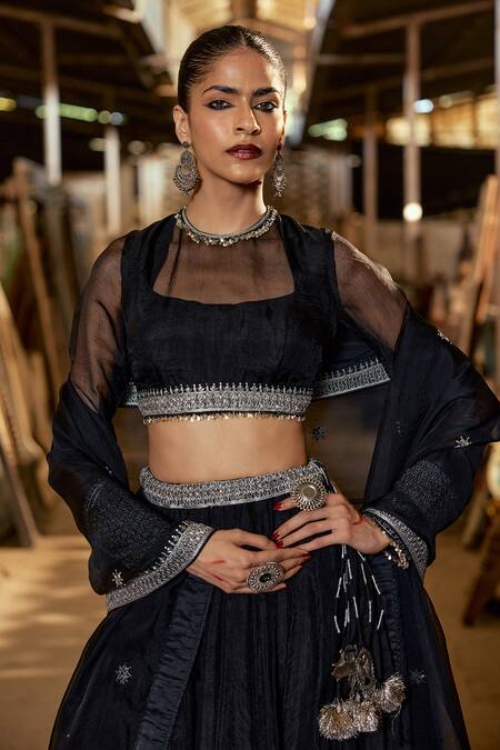 Shop_Karishma Khanduja Bareilly_Black Organza Sequins, Zari, Tassels Round Placement Embroidered Lehenga Set _Online_at_Aza_Fashions