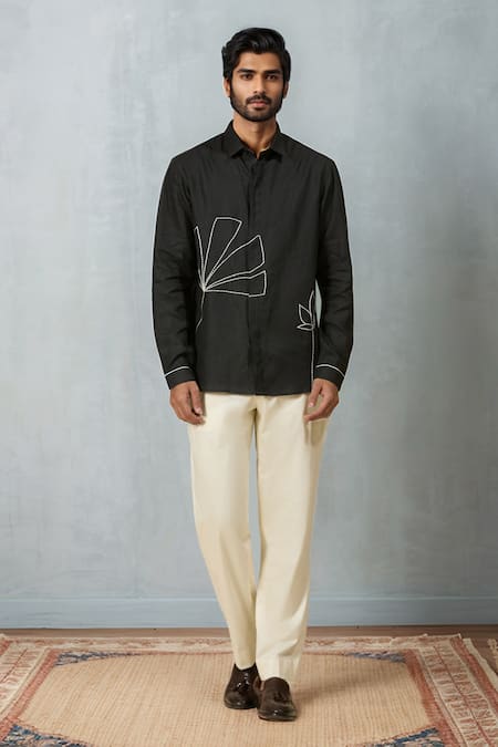 Ewoke_Black Hemp Embroidery Floral Shirt _Online_at_Aza_Fashions