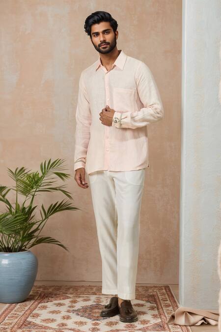 Ewoke Pink Hemp Embroidery Floral Collared Shirt Online at Aza Fashions Ewoke_Pink Hemp Embroidery Floral Collared Shirt _Online_at_Aza_Fashions