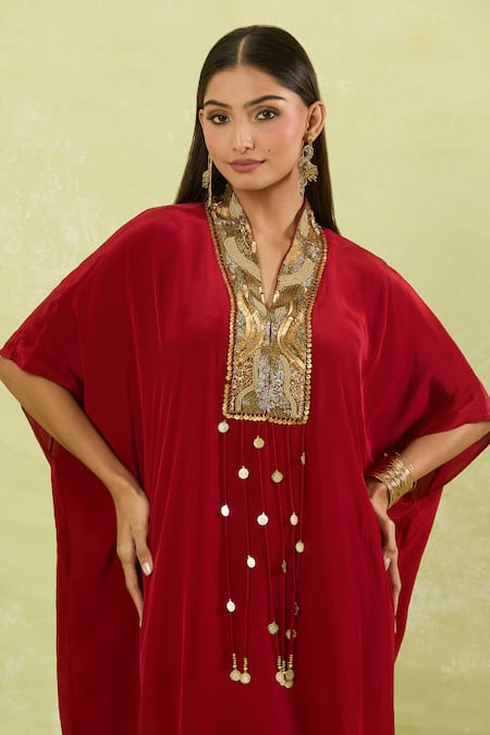 Studio A_Maroon Crepe Tassels Collared Sequin Embroidered Yoke Kaftan Set _Online_at_Aza_Fashions