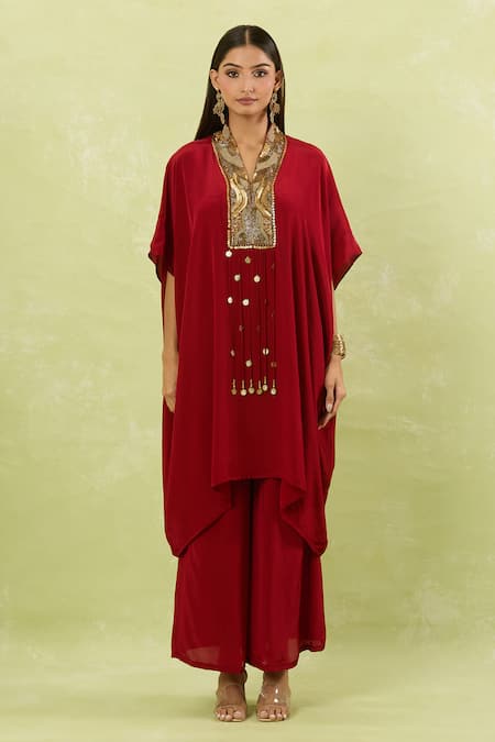 Buy_Studio A_Maroon Crepe Tassels Collared Sequin Embroidered Yoke Kaftan Set _Online_at_Aza_Fashions