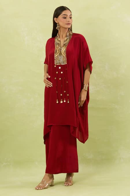 Shop_Studio A_Maroon Crepe Tassels Collared Sequin Embroidered Yoke Kaftan Set _Online_at_Aza_Fashions