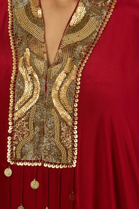 Studio A_Maroon Crepe Tassels Collared Sequin Embroidered Yoke Kaftan Set _at_Aza_Fashions