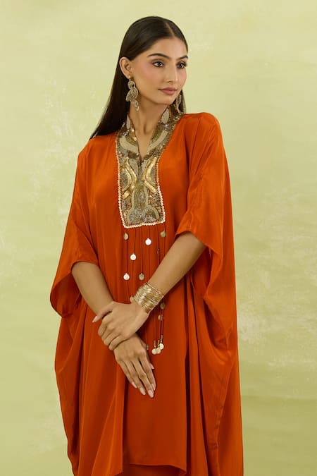 Studio A Orange Crepe Sequins Collared Cutdana Embroidered Kaftan And Pant Set Online at Aza Fashions Studio A_Orange Crepe Sequins Collared Cutdana Embroidered Kaftan And Pant Set _Online_at_Aza_Fashions