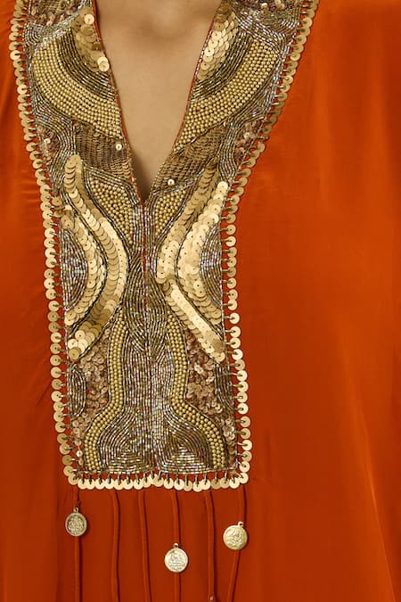 Buy Studio A Orange Crepe Sequins Collared Cutdana Embroidered Kaftan And Pant Set Online at Aza Fashions Buy_Studio A_Orange Crepe Sequins Collared Cutdana Embroidered Kaftan And Pant Set _Online_at_Aza_Fashions