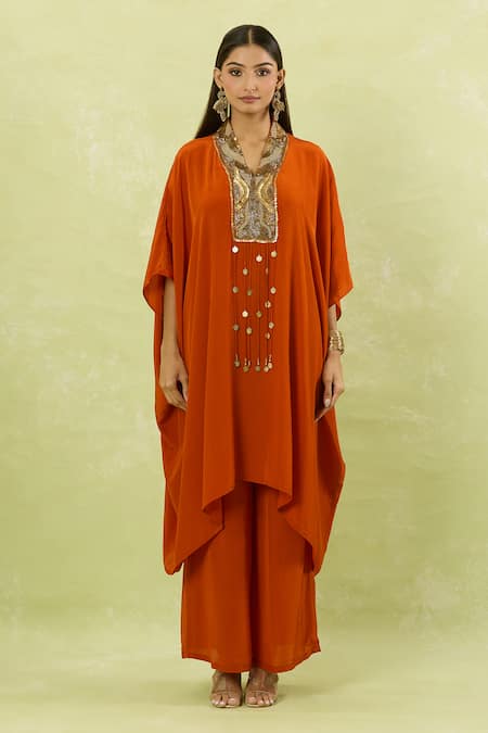 Studio A Orange Crepe Sequins Collared Cutdana Embroidered Kaftan And Pant Set at Aza Fashions Studio A_Orange Crepe Sequins Collared Cutdana Embroidered Kaftan And Pant Set _at_Aza_Fashions