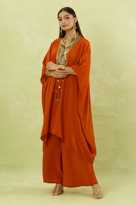 Buy Studio A Orange Crepe Sequins Collared Cutdana Embroidered Kaftan And Pant Set Buy_Studio A_Orange Crepe Sequins Collared Cutdana Embroidered Kaftan And Pant Set