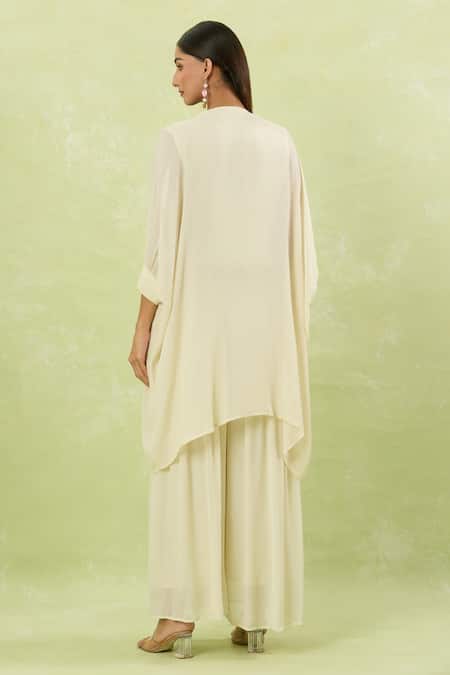 Shop_Studio A_Ivory Silk, Chiffon Cut Work Round Neck Embroidered Kaftan Pant Set _at_Aza_Fashions