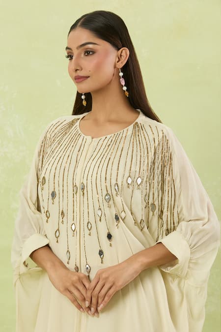 Buy_Studio A_Ivory Silk, Chiffon Cut Work Round Neck Embroidered Kaftan Pant Set _Online_at_Aza_Fashions