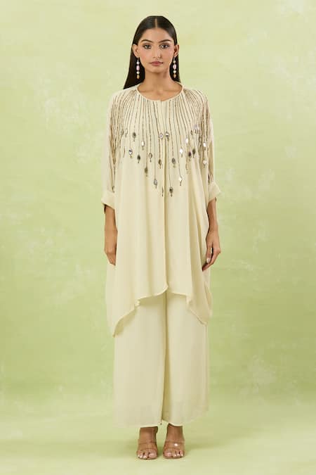 Shop_Studio A_Ivory Silk, Chiffon Cut Work Round Neck Embroidered Kaftan Pant Set _Online_at_Aza_Fashions