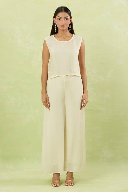 Studio A_Ivory Silk, Chiffon Cut Work Round Neck Embroidered Kaftan Pant Set _at_Aza_Fashions