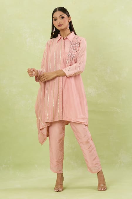 Studio A Pink Silk, Georgette Cut Work Bloom Embroidered Asymmetric Kaftan And Pant Set Online at Aza Fashions Studio A_Pink Silk, Georgette Cut Work Bloom Embroidered Asymmetric Kaftan And Pant Set _Online_at_Aza_Fashions