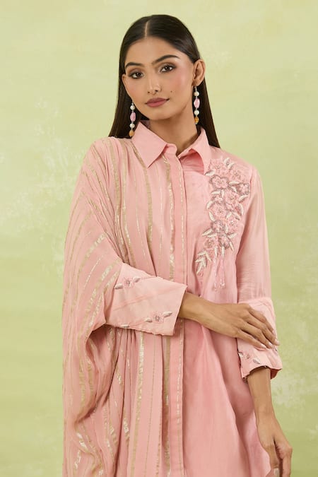Buy Studio A Pink Silk, Georgette Cut Work Bloom Embroidered Asymmetric Kaftan And Pant Set Online at Aza Fashions Buy_Studio A_Pink Silk, Georgette Cut Work Bloom Embroidered Asymmetric Kaftan And Pant Set _Online_at_Aza_Fashions