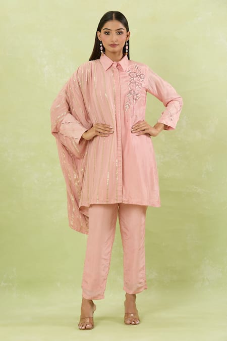 Studio A Pink Silk, Georgette Cut Work Bloom Embroidered Asymmetric Kaftan And Pant Set at Aza Fashions Studio A_Pink Silk, Georgette Cut Work Bloom Embroidered Asymmetric Kaftan And Pant Set _at_Aza_Fashions