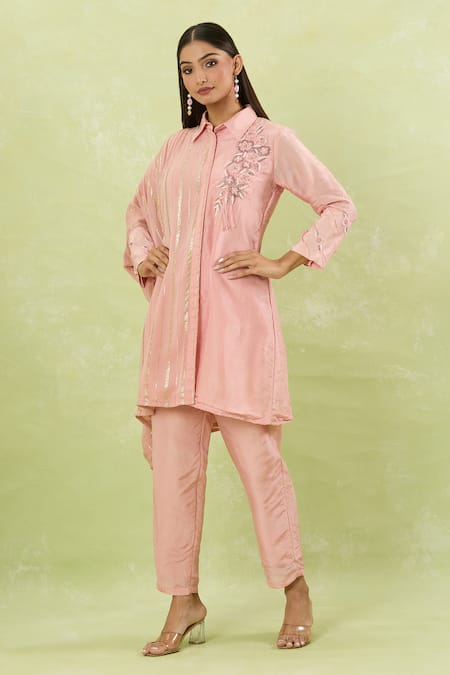 Buy Studio A Pink Silk, Georgette Cut Work Bloom Embroidered Asymmetric Kaftan And Pant Set Buy_Studio A_Pink Silk, Georgette Cut Work Bloom Embroidered Asymmetric Kaftan And Pant Set