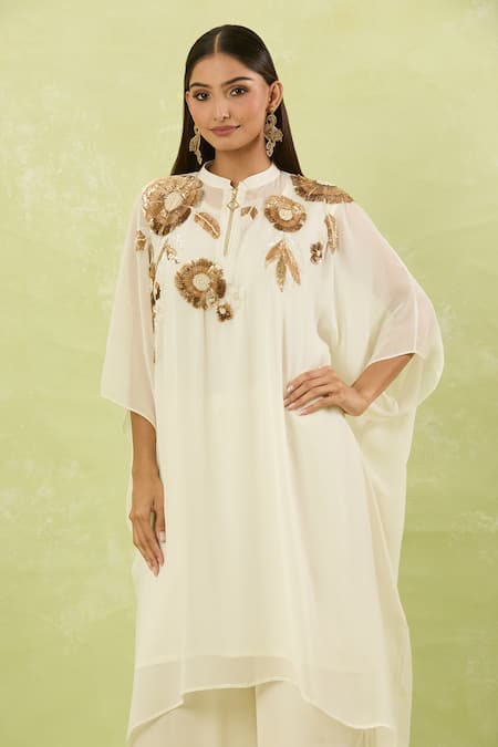 Buy Studio A Ivory Crepe, Georgette Sequins Mandarin Collar Embroidered Kaftan And Pant Set Online at Aza Fashions Buy_Studio A_Ivory Crepe, Georgette Sequins Mandarin Collar Embroidered Kaftan And Pant Set _Online_at_Aza_Fashions