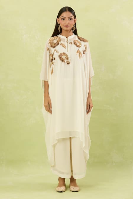Shop Studio A Ivory Crepe, Georgette Sequins Mandarin Collar Embroidered Kaftan And Pant Set Online at Aza Fashions Shop_Studio A_Ivory Crepe, Georgette Sequins Mandarin Collar Embroidered Kaftan And Pant Set _Online_at_Aza_Fashions