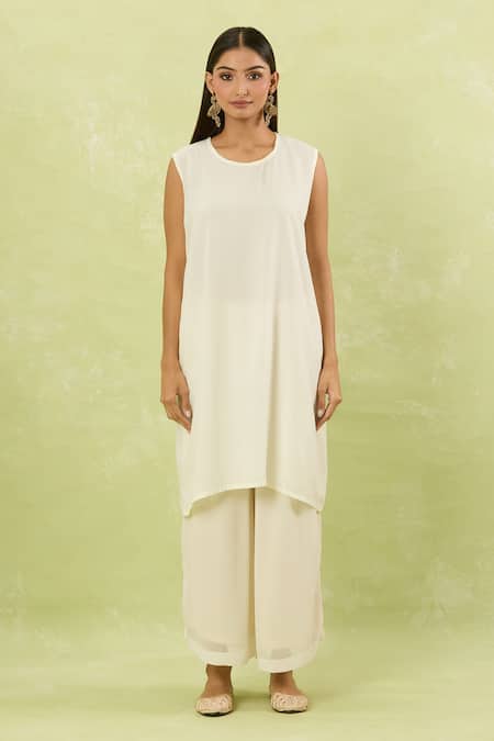 Studio A Ivory Crepe, Georgette Sequins Mandarin Collar Embroidered Kaftan And Pant Set at Aza Fashions Studio A_Ivory Crepe, Georgette Sequins Mandarin Collar Embroidered Kaftan And Pant Set _at_Aza_Fashions