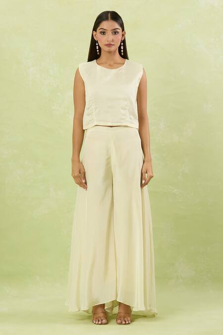 Buy Studio A Ivory Silk Cut Work Collared Cutdana Bloom Embroidered Jacket And Palazzo Set Buy_Studio A_Ivory Silk Cut Work Collared Cutdana Bloom Embroidered Jacket And Palazzo Set