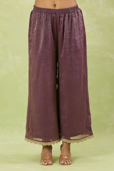 Studio A_Purple Organza Embroidery, Zari, Lace V-neck Nakshi Flora Kurta Set _Online_at_Aza_Fashions