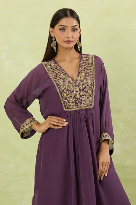 Shop_Studio A_Purple Organza Embroidery, Zari, Lace V-neck Nakshi Flora Kurta Set _Online_at_Aza_Fashions