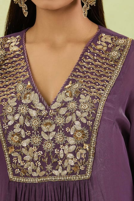 Studio A_Purple Organza Embroidery, Zari, Lace V-neck Nakshi Flora Kurta Set _at_Aza_Fashions