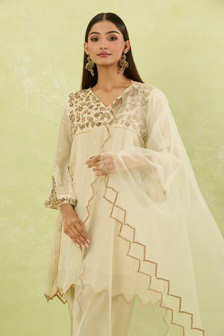 Studio A Ivory Tissue Embroidery, Cut Work V-neck Mor Bagh Anarkali Set Online at Aza Fashions Studio A_Ivory Tissue Embroidery, Cut Work V-neck Mor Bagh Anarkali Set _Online_at_Aza_Fashions