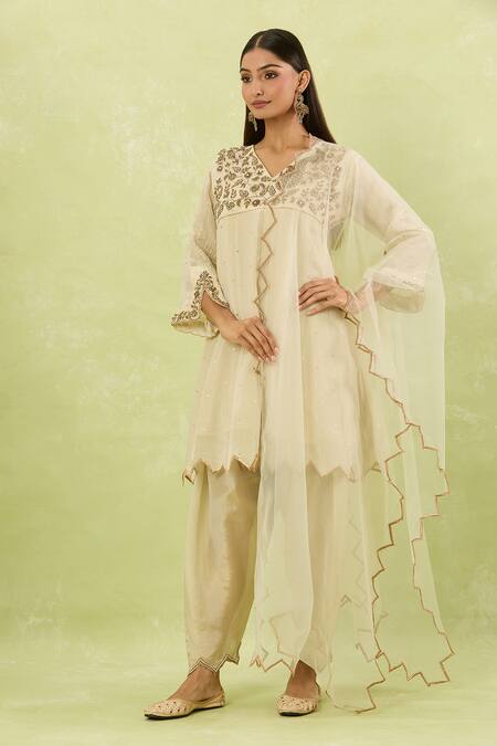 Studio A Ivory Tissue Embroidery, Cut Work V-neck Mor Bagh Anarkali Set at Aza Fashions Studio A_Ivory Tissue Embroidery, Cut Work V-neck Mor Bagh Anarkali Set _at_Aza_Fashions