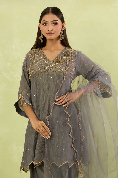 Studio A_Gray Tissue Embroidery V-neck Mughal Bagh Anarkali Set _Online_at_Aza_Fashions