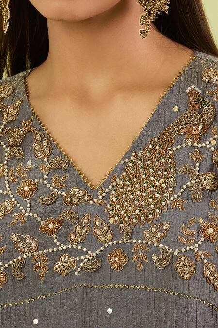 Buy_Studio A_Gray Tissue Embroidery V-neck Mughal Bagh Anarkali Set _Online_at_Aza_Fashions