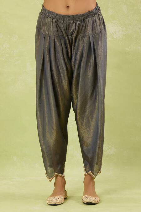 Shop_Studio A_Gray Tissue Embroidery V-neck Mughal Bagh Anarkali Set _Online_at_Aza_Fashions