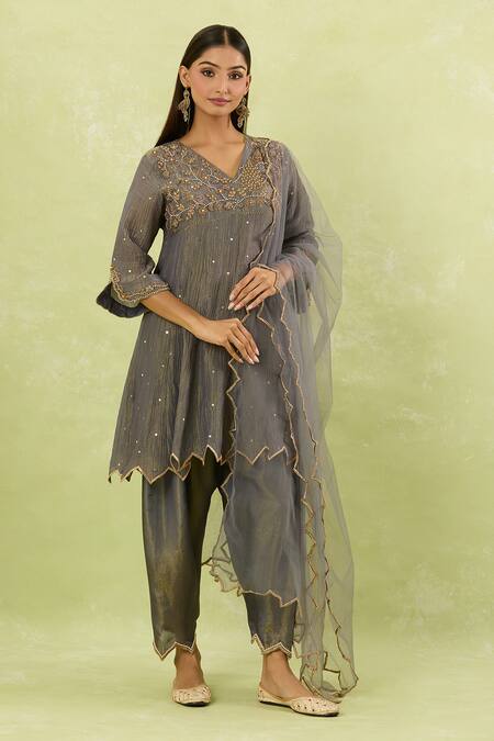 Studio A_Gray Tissue Embroidery V-neck Mughal Bagh Anarkali Set _at_Aza_Fashions