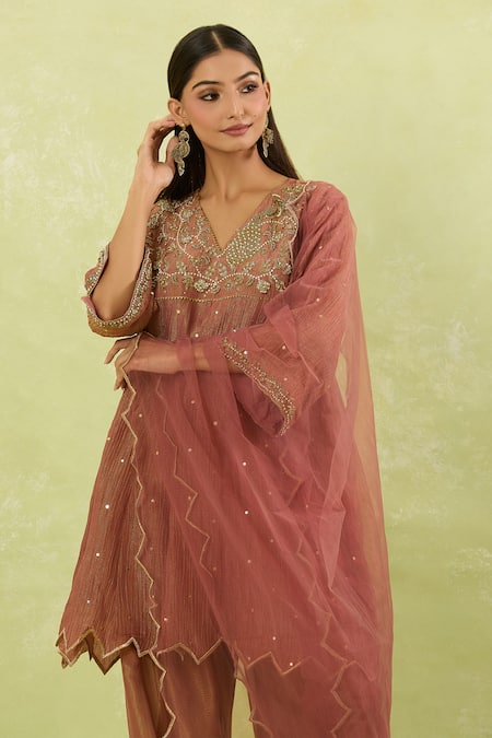 Studio A_Pink Tissue Sequins V-neck Mughal Bloom Embroidered Anarkali Set _Online_at_Aza_Fashions