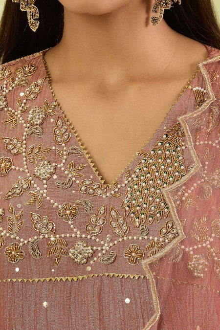 Buy_Studio A_Pink Tissue Sequins V-neck Mughal Bloom Embroidered Anarkali Set _Online_at_Aza_Fashions