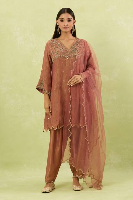 Shop_Studio A_Pink Tissue Sequins V-neck Mughal Bloom Embroidered Anarkali Set _Online_at_Aza_Fashions
