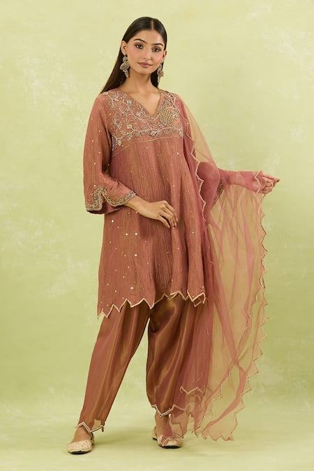 Studio A_Pink Tissue Sequins V-neck Mughal Bloom Embroidered Anarkali Set _at_Aza_Fashions