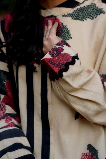 Moh India Beige Wool Mandarin Collar Floral Woven Midi Dress Online at Aza Fashions Moh India_Beige Wool Mandarin Collar Floral Woven Midi Dress _Online_at_Aza_Fashions