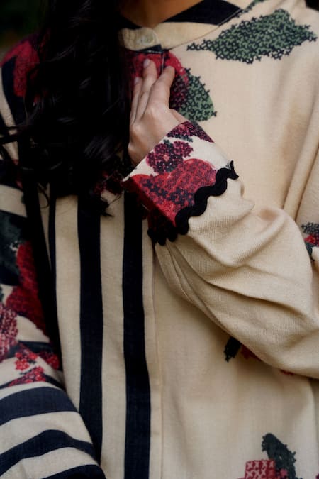 Buy Moh India Beige Wool Mandarin Collar Floral Woven Midi Dress Online at Aza Fashions Buy_Moh India_Beige Wool Mandarin Collar Floral Woven Midi Dress _Online_at_Aza_Fashions