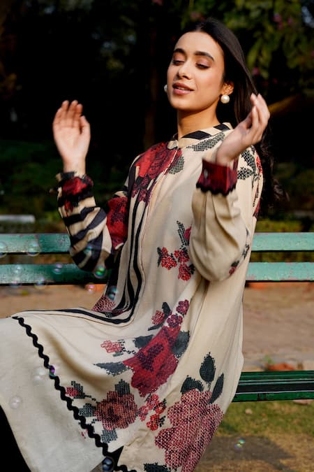 Shop Moh India Beige Wool Mandarin Collar Floral Woven Midi Dress at Aza Fashions Shop_Moh India_Beige Wool Mandarin Collar Floral Woven Midi Dress _at_Aza_Fashions