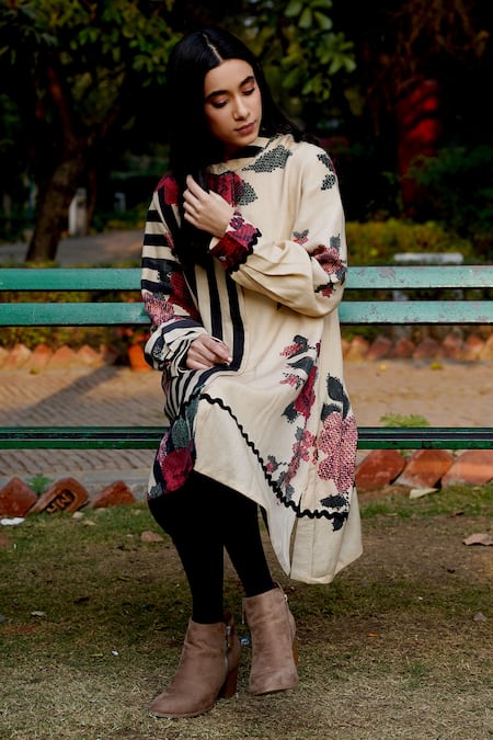 Shop Moh India Beige Wool Mandarin Collar Floral Woven Midi Dress Online at Aza Fashions Shop_Moh India_Beige Wool Mandarin Collar Floral Woven Midi Dress _Online_at_Aza_Fashions